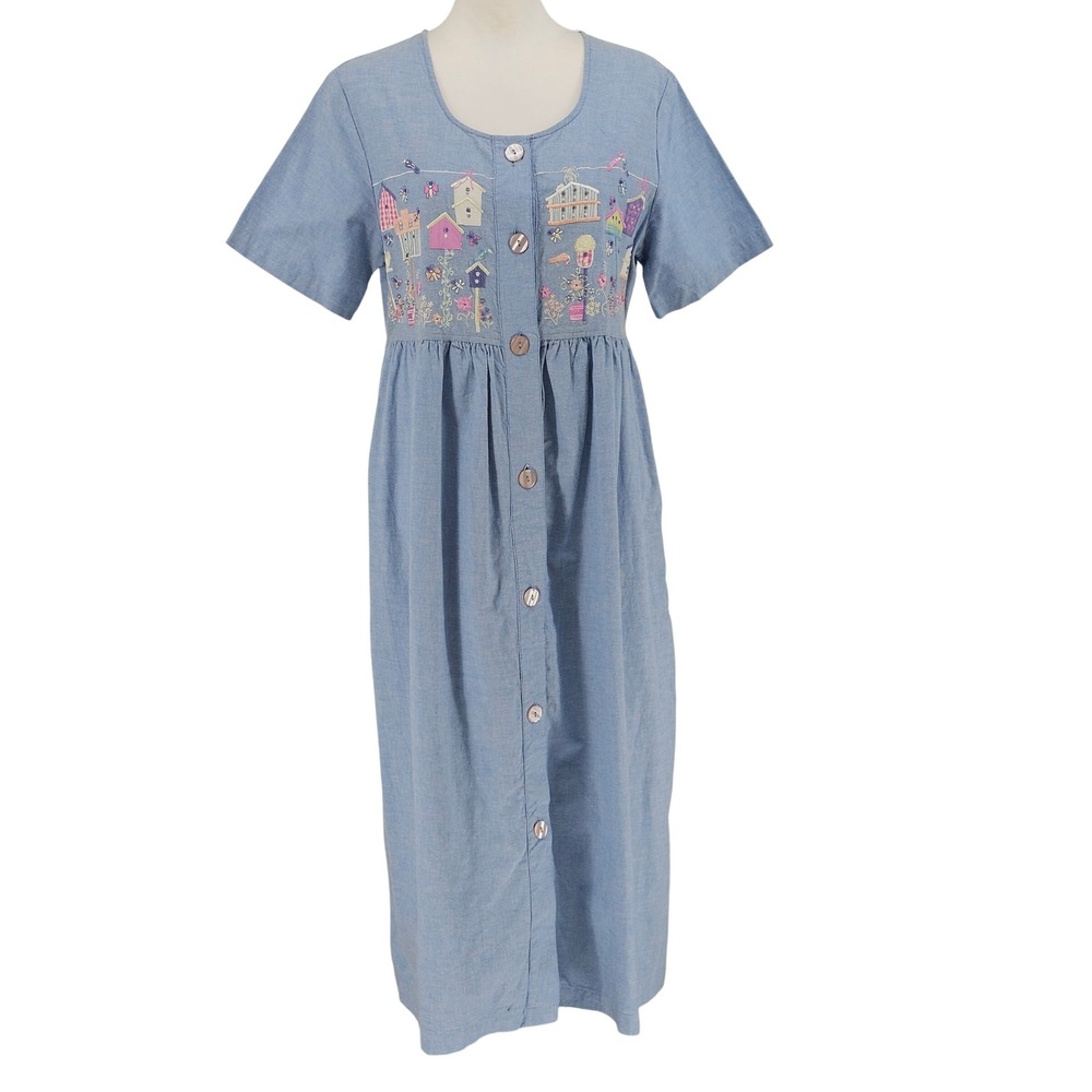 Go Softly Embroidered Midi Dress L Blue Vintage Style Birdhouse Button Up Modest